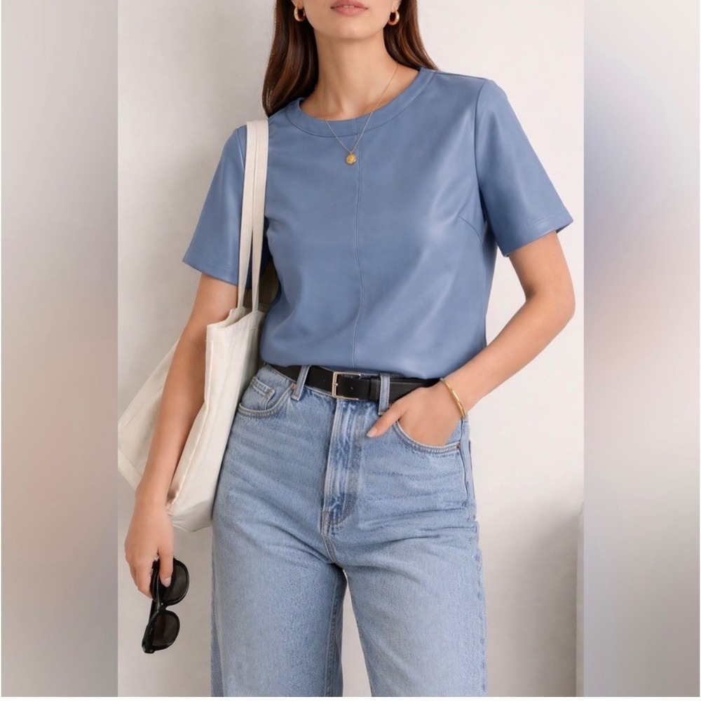 THML Blue Faux Leather Top XS Vegan Leather Tee Minimalist Short Sleeve
